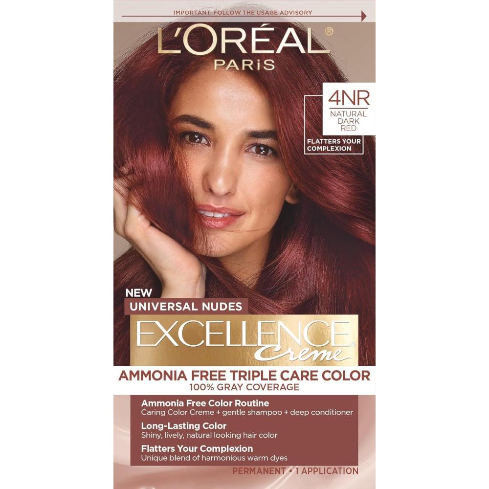 imageLOreal Paris Excellence Universal Nudes Permanent Hair Color Ammonia Free Hair Dye for Gray Hair Coverage 4NR Natural Dark Red 1 Hair Dye KitCore Natural Dark Red