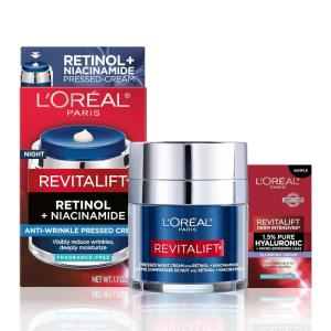 imageLOreal Paris Revitalift Pressed Night Cream Retinol  Niacinamide Reduces Wrinkles Fragrance Free 17 oz  Serum Sample